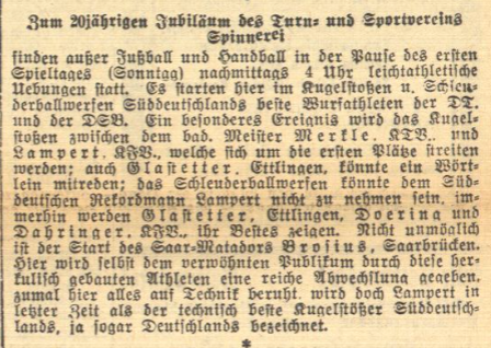 Vorbericht Spinnerei Sportfest 1933